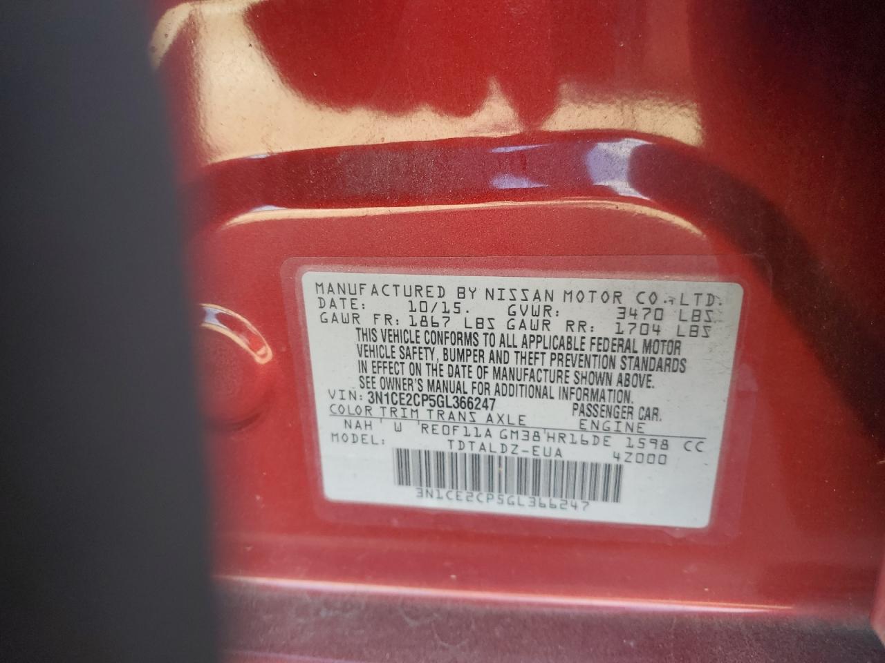 2016 Nissan Versa Note S VIN: 3N1CE2CP5GL366247 Lot: 70759475