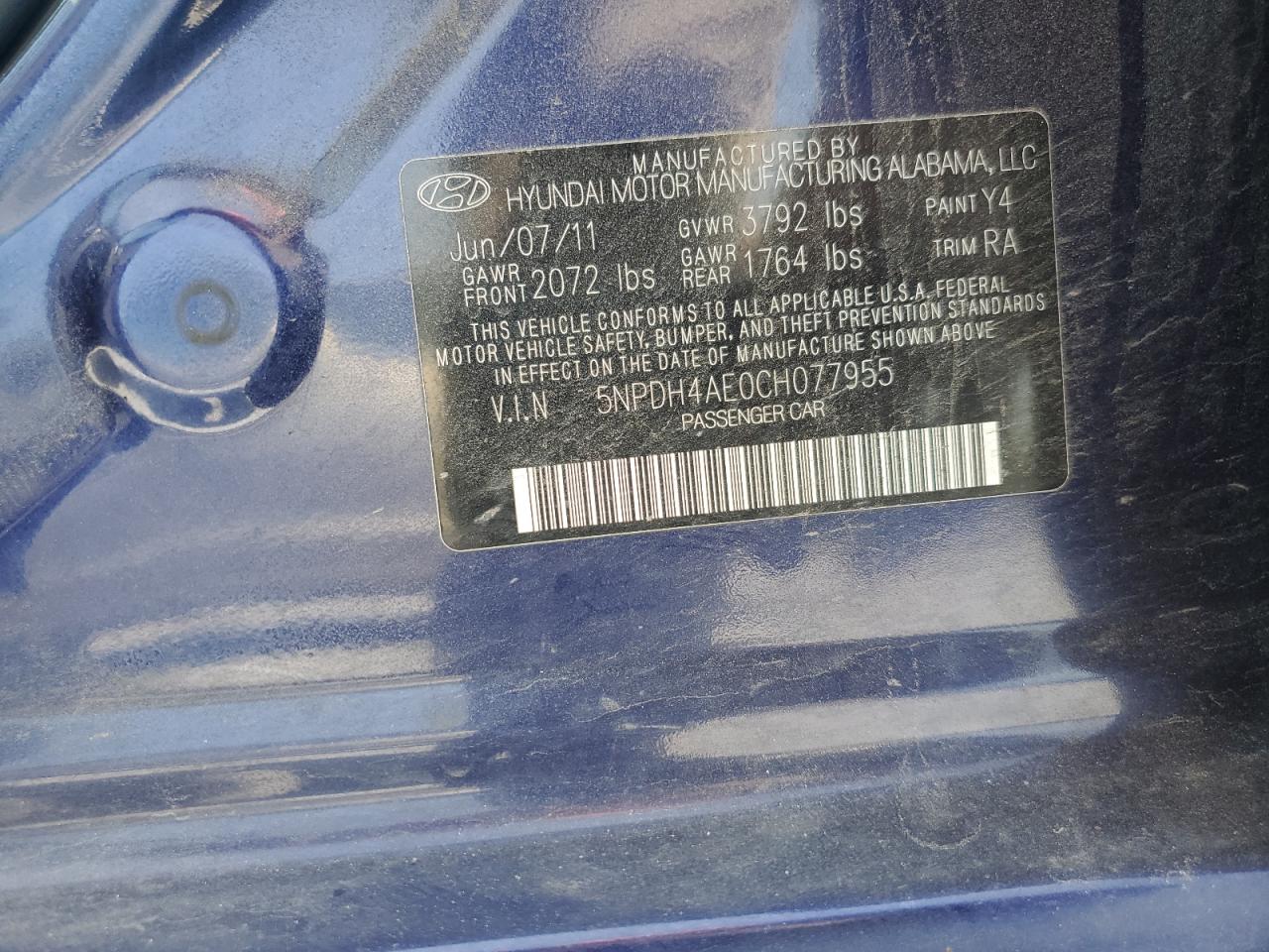 2012 Hyundai Elantra Gls VIN: 5NPDH4AE0CH077955 Lot: 82022935