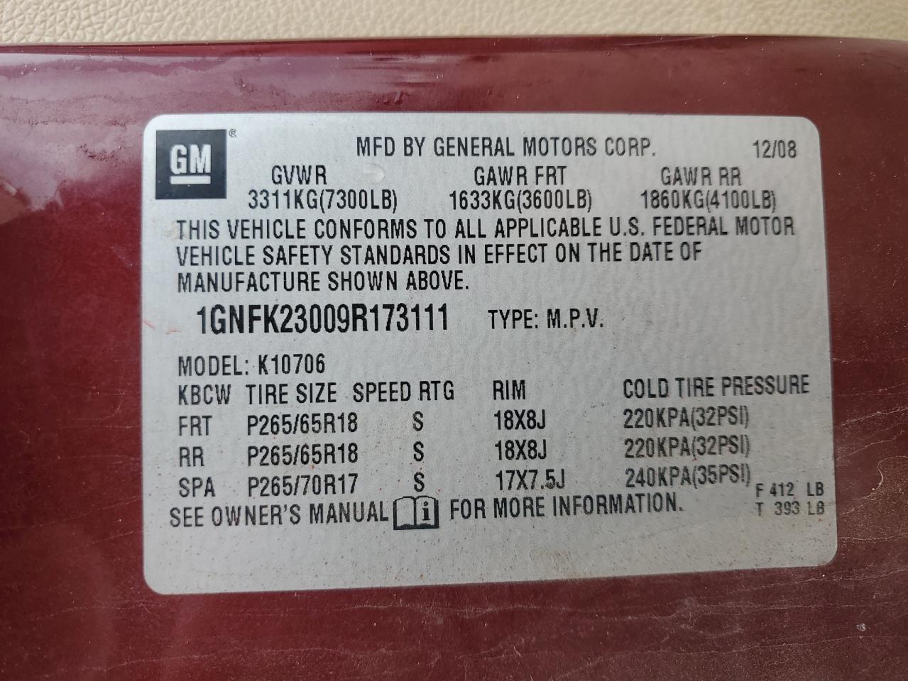 2009 Chevrolet Tahoe K1500 Lt VIN: 1GNFK23009R173111 Lot: 81825255