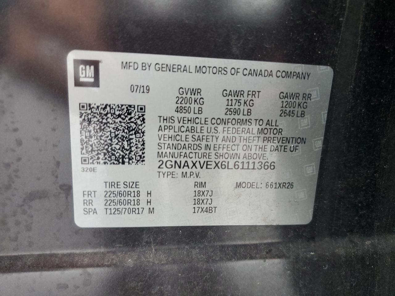 2020 Chevrolet Equinox Lt VIN: 2GNAXVEX6L6111366 Lot: 83953155