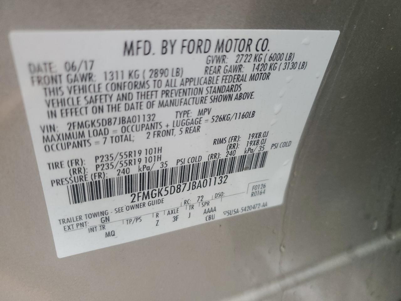 2018 Ford Flex Limited VIN: 2FMGK5D87JBA01132 Lot: 83849025