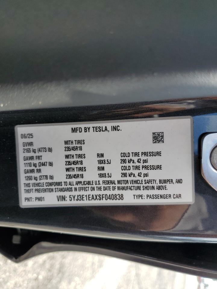 2025 Tesla Model 3 VIN: 5YJ3E1EAXSF040838 Lot: 80053645