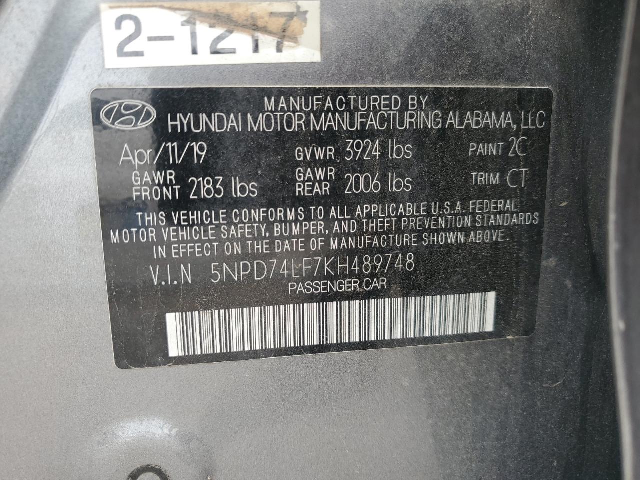 2019 Hyundai Elantra Se VIN: 5NPD74LF7KH489748 Lot: 81106395