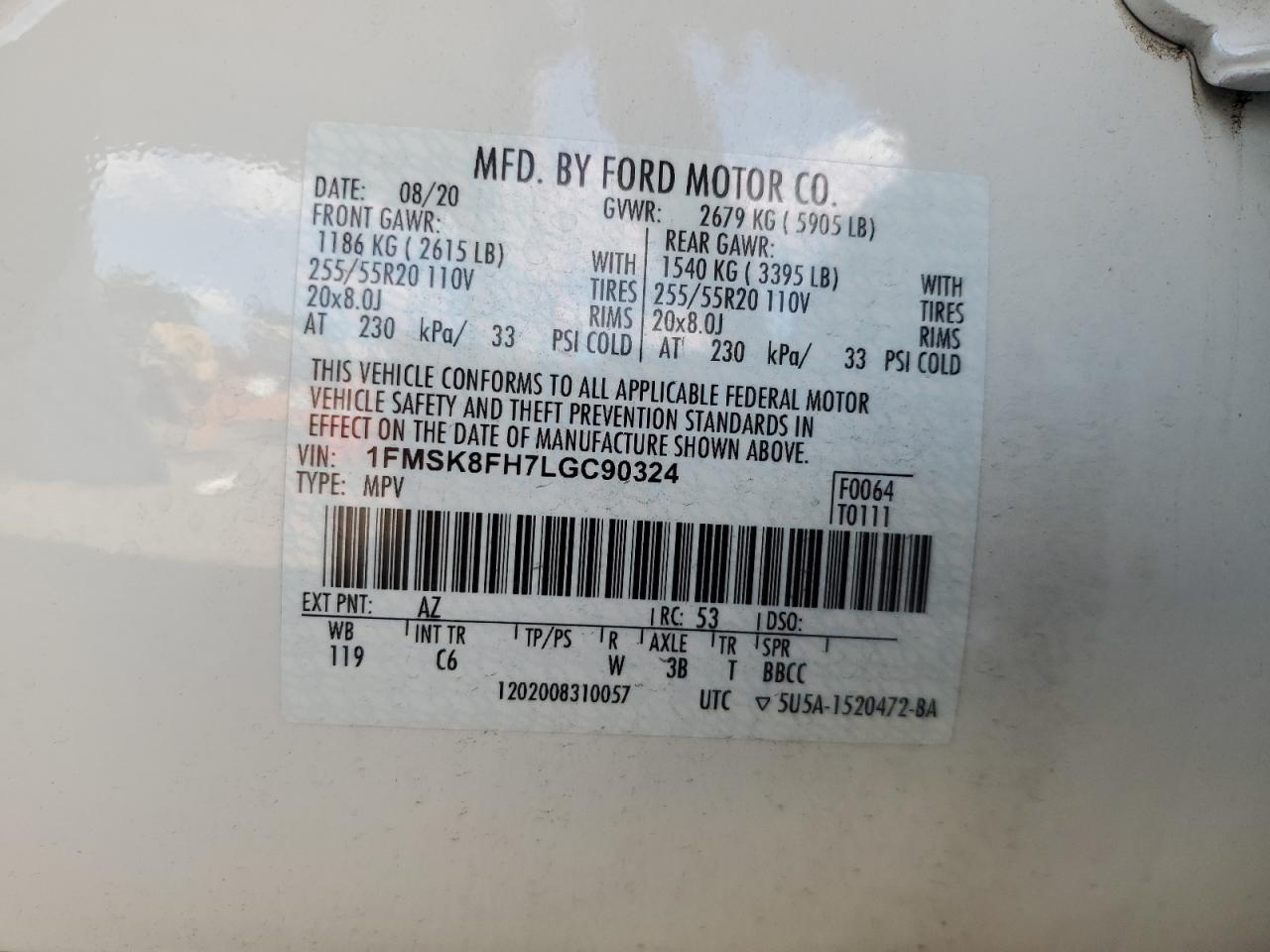 2020 Ford Explorer Limited VIN: 1FMSK8FH7LGC90324 Lot: 81264225