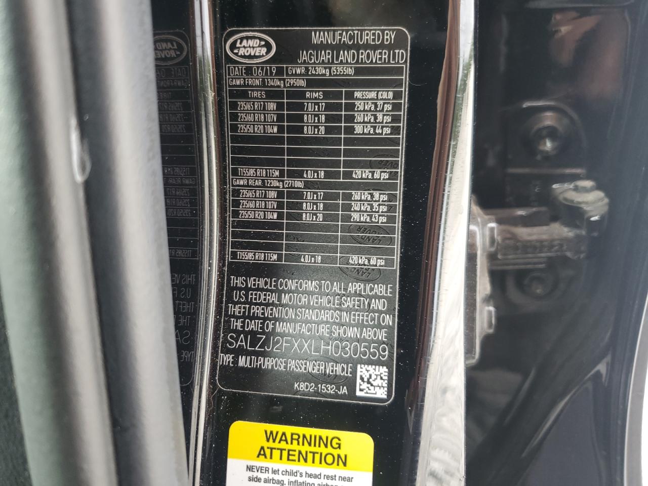 2020 Land Rover Range Rover Evoque S VIN: SALZJ2FXXLH030559 Lot: 83873785