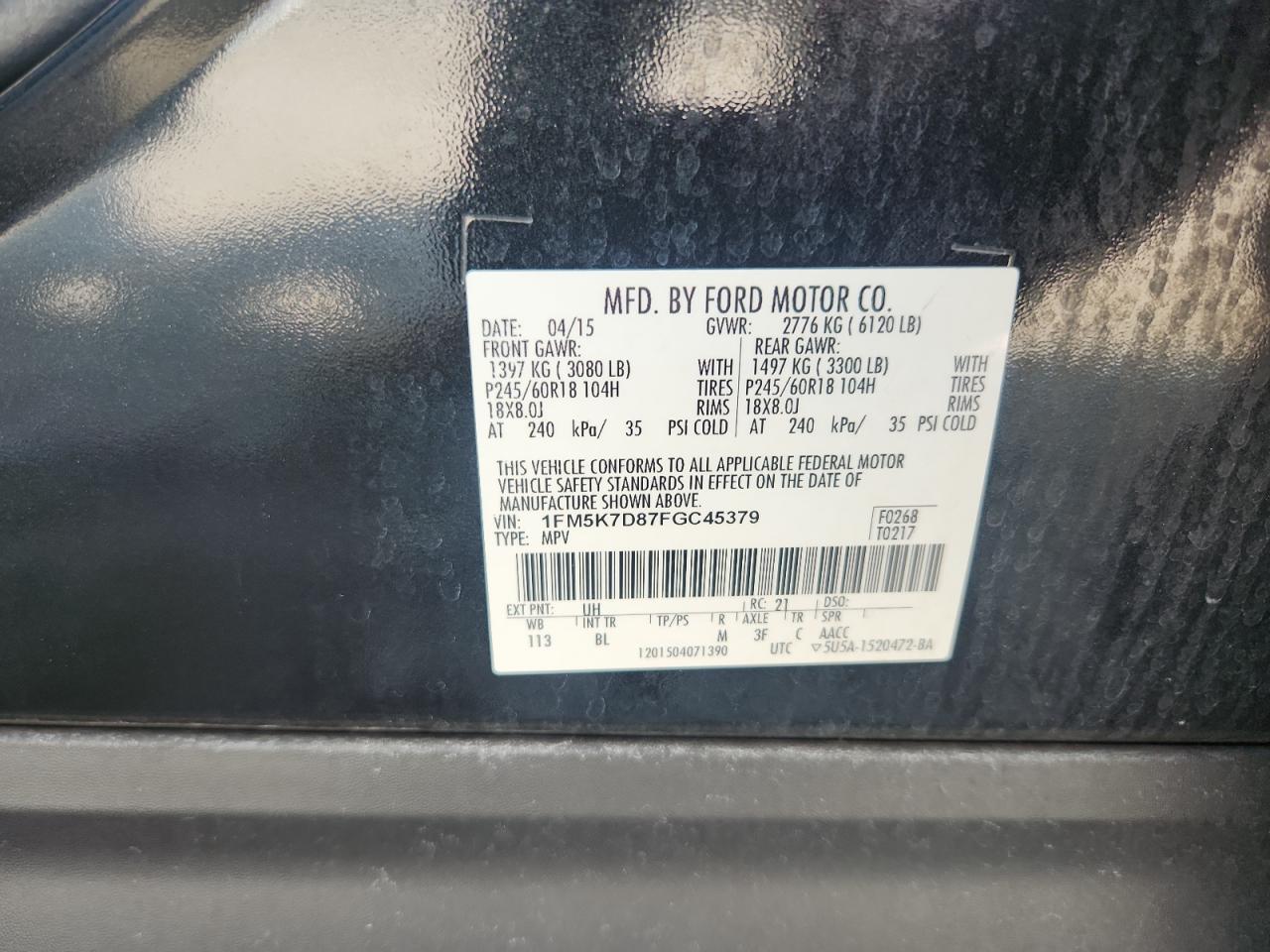 2015 Ford Explorer Xlt VIN: 1FM5K7D87FGC45379 Lot: 80621365