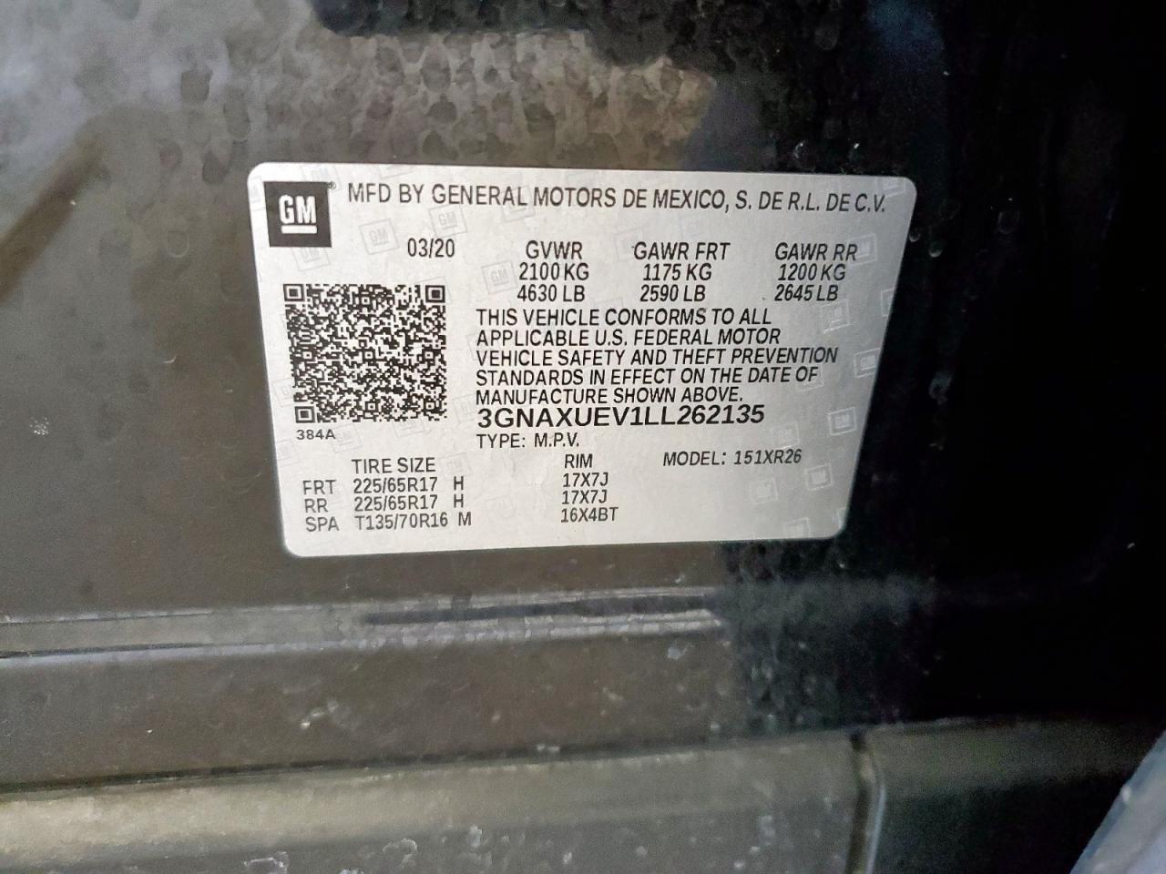 2020 Chevrolet Equinox Lt VIN: 3GNAXUEV1LL262135 Lot: 81342485