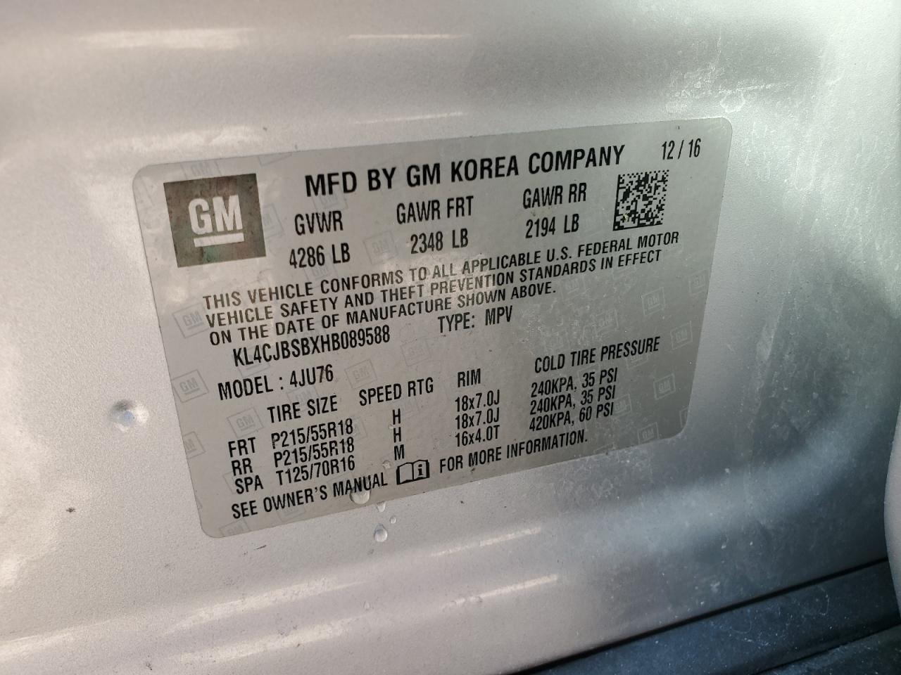 2017 Buick Encore Preferred Ii VIN: KL4CJBSBXHB089588 Lot: 72050555