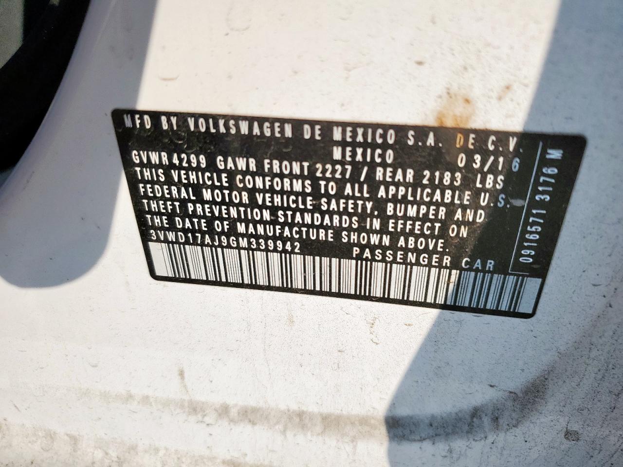 2016 Volkswagen Jetta Sport VIN: 3VWD17AJ9GM339942 Lot: 80926405