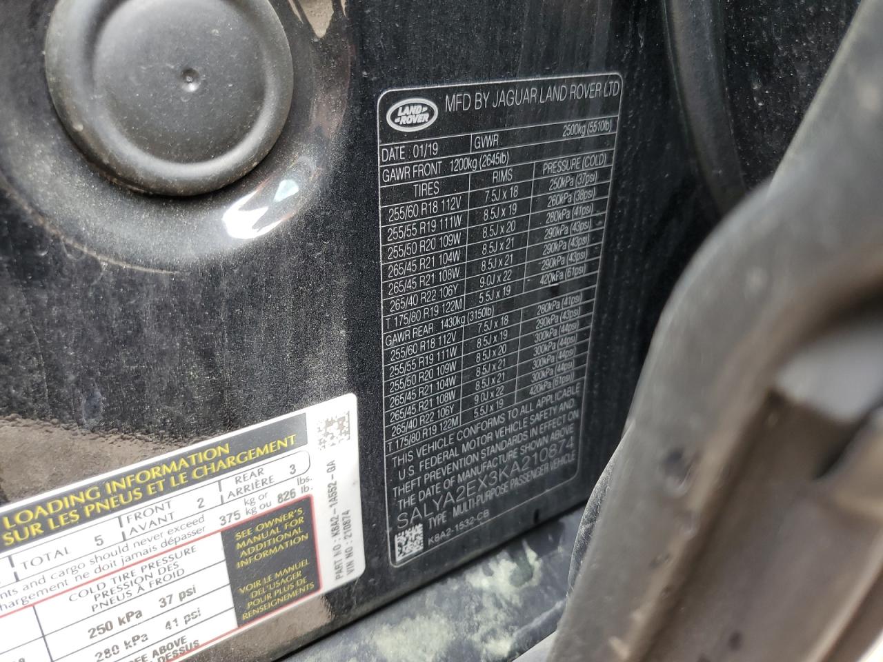 2019 Land Rover Range Rover Velar VIN: SALYA2EX3KA210874 Lot: 84028095