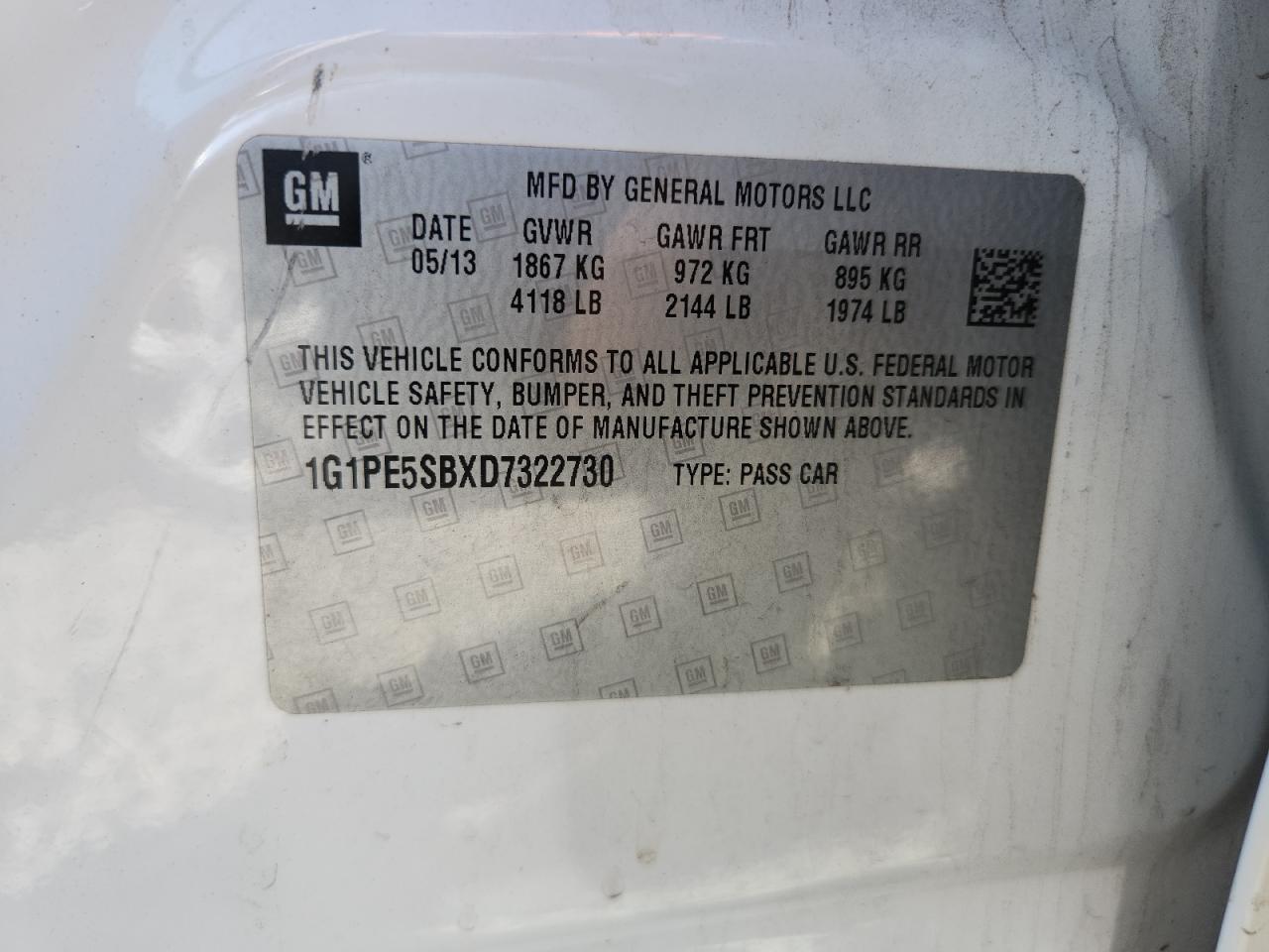 2013 Chevrolet Cruze Lt VIN: 1G1PE5SBXD7322730 Lot: 80208065