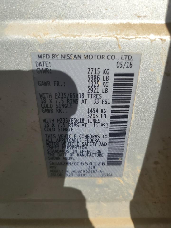 2016 Nissan Pathfinder S VIN: 5N1AR2MN2GC654126 Lot: 84380105