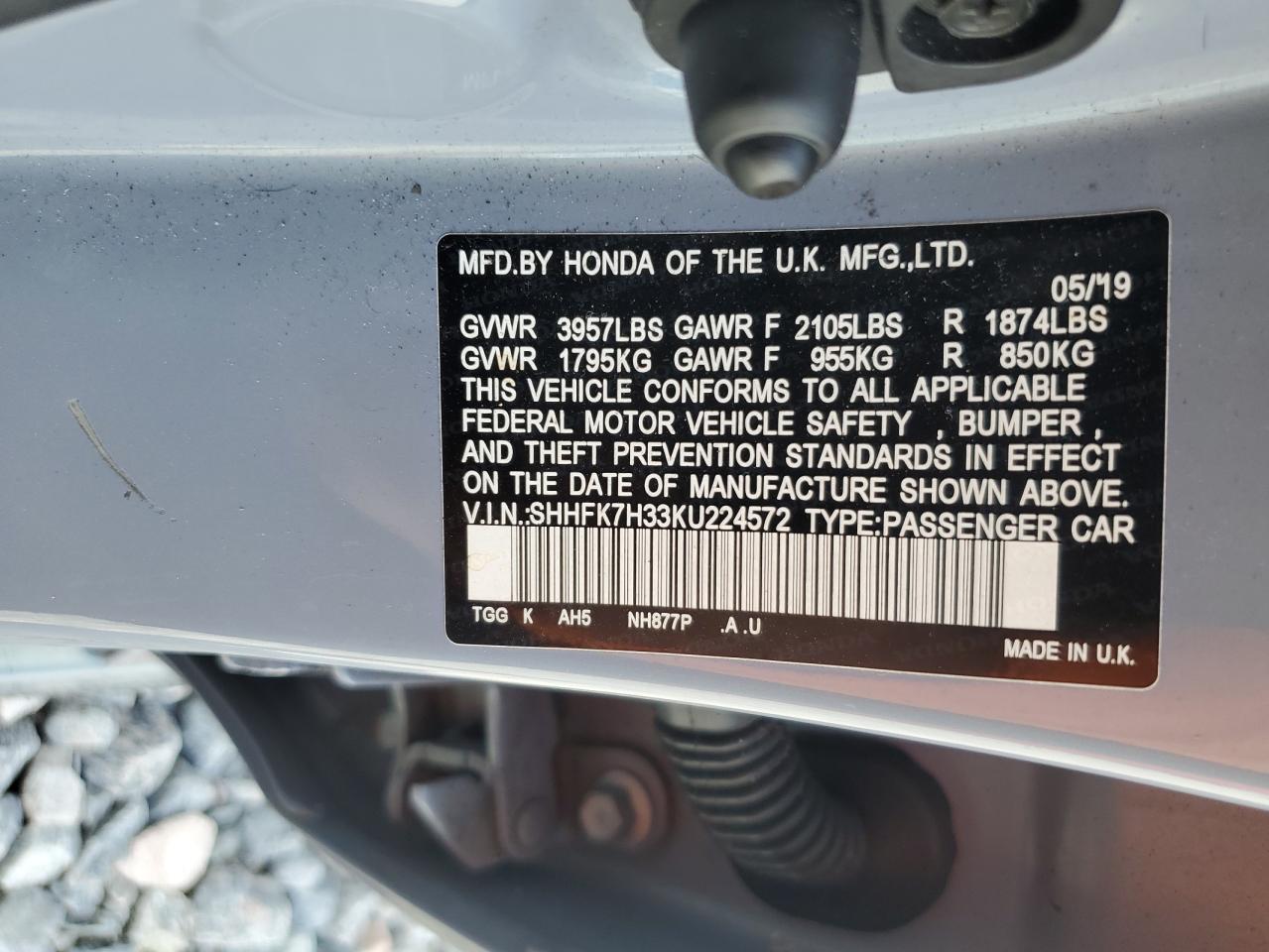 2019 Honda Civic Lx VIN: SHHFK7H33KU224572 Lot: 81704675