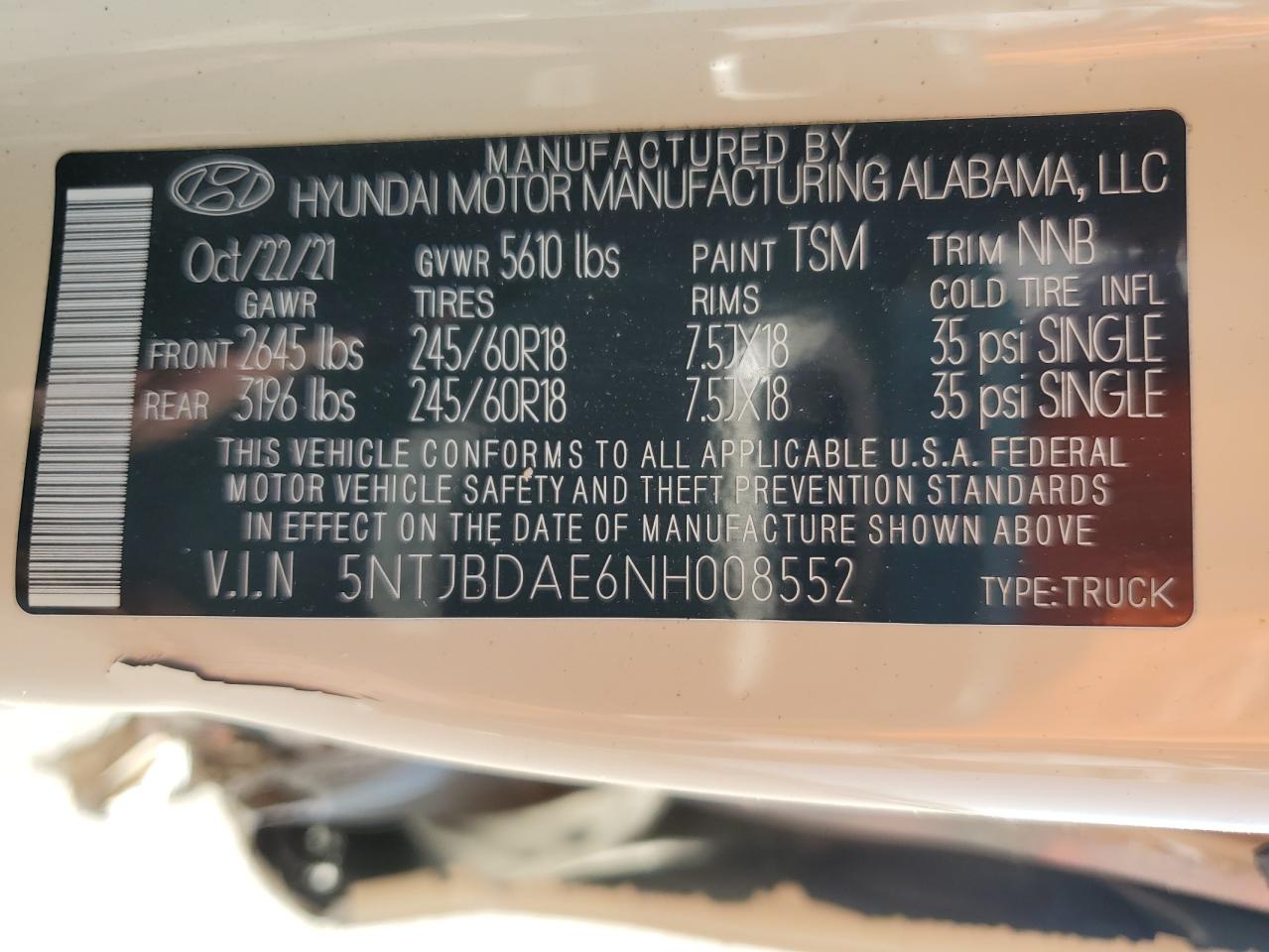 2022 Hyundai Santa Cruz Sel VIN: 5NTJBDAE6NH008552 Lot: 82109745