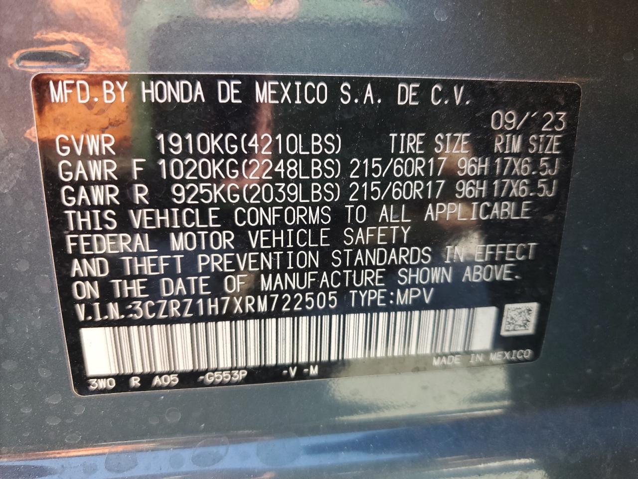 2024 Honda Hr-V Exl VIN: 3CZRZ1H7XRM722505 Lot: 83874275