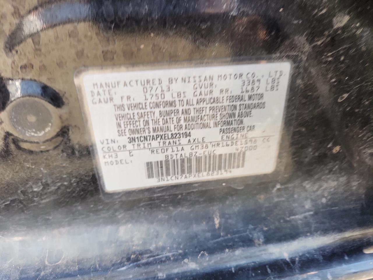 2014 Nissan Versa S VIN: 3N1CN7APXEL823194 Lot: 80914785