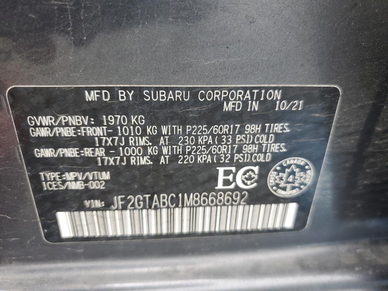 2021 Subaru Crosstrek VIN: JF2GTABC1M8668692 Lot: 83861355