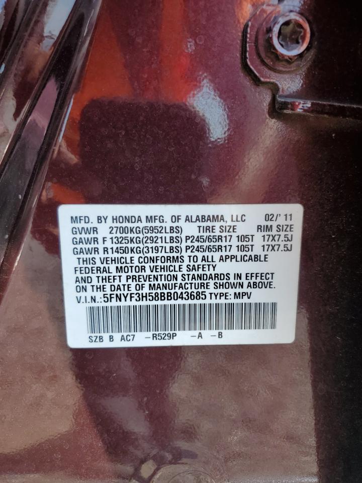 2011 Honda Pilot Exl VIN: 5FNYF3H58BB043685 Lot: 71278695