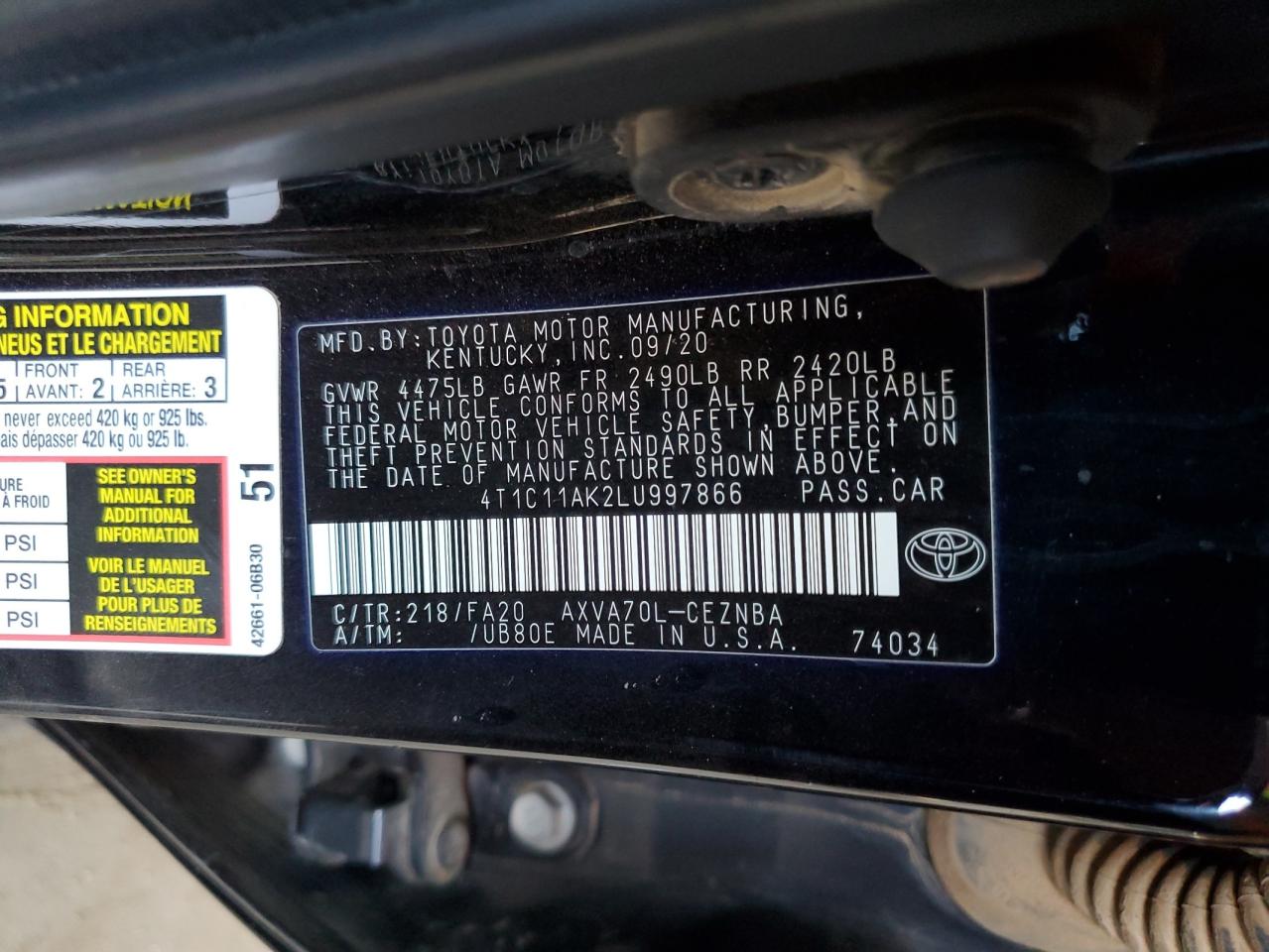 2020 Toyota Camry Le VIN: 4T1C11AK2LU997866 Lot: 81333205