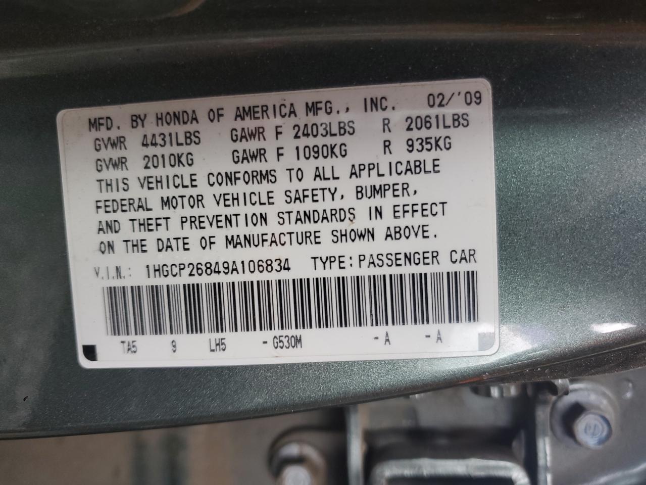 2009 Honda Accord Exl VIN: 1HGCP26849A106834 Lot: 81627745