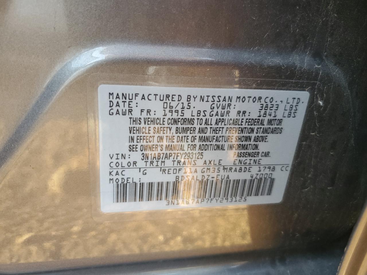 2015 Nissan Sentra S VIN: 3N1AB7AP7FY293125 Lot: 80482625