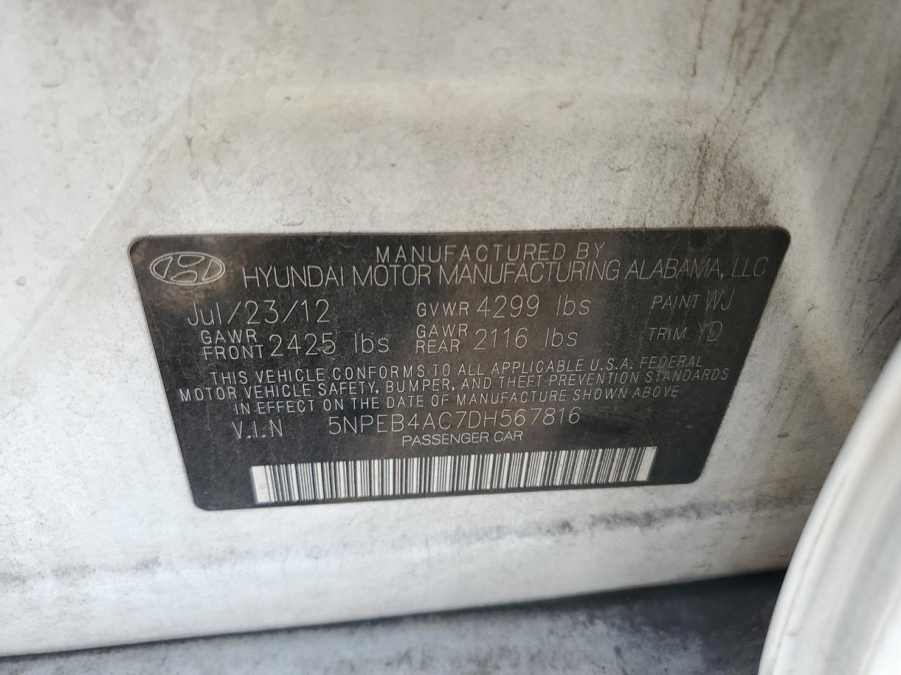 2013 Hyundai Sonata Gls VIN: 5NPEB4AC7DH567816 Lot: 81236065