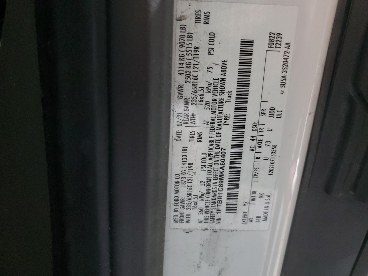 2021 Ford Transit T-250 VIN: 1FTBR1C89MKA60407 Lot: 70483175