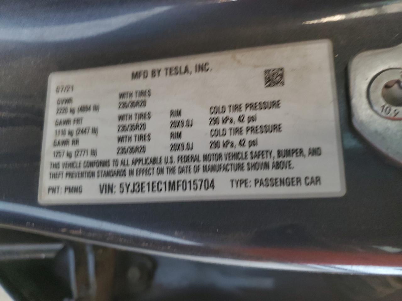 2021 Tesla Model 3 VIN: 5YJ3E1EC1MF015704 Lot: 71989125