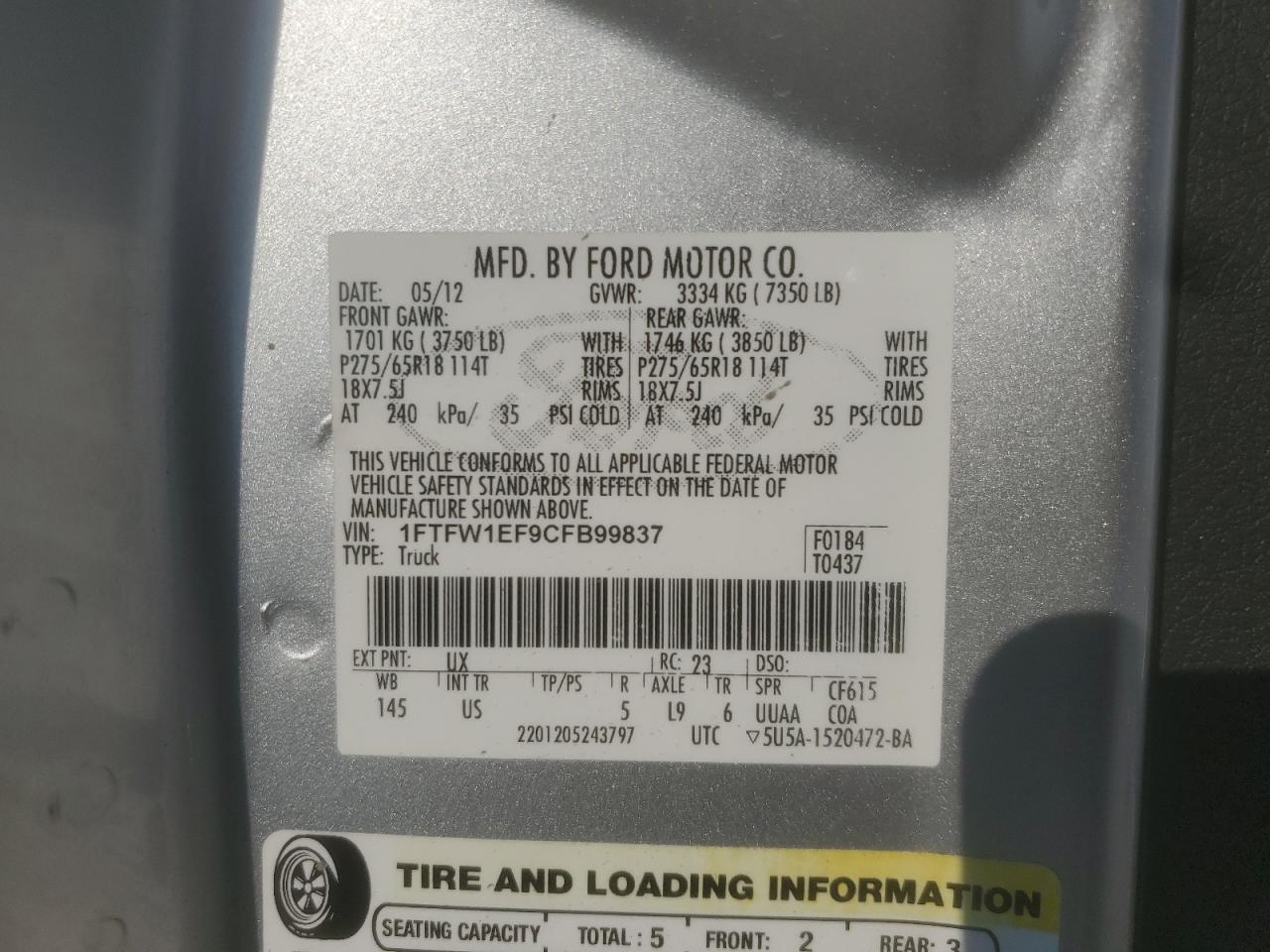 2012 Ford F150 Supercrew VIN: 1FTFW1EF9CFB99837 Lot: 80922235