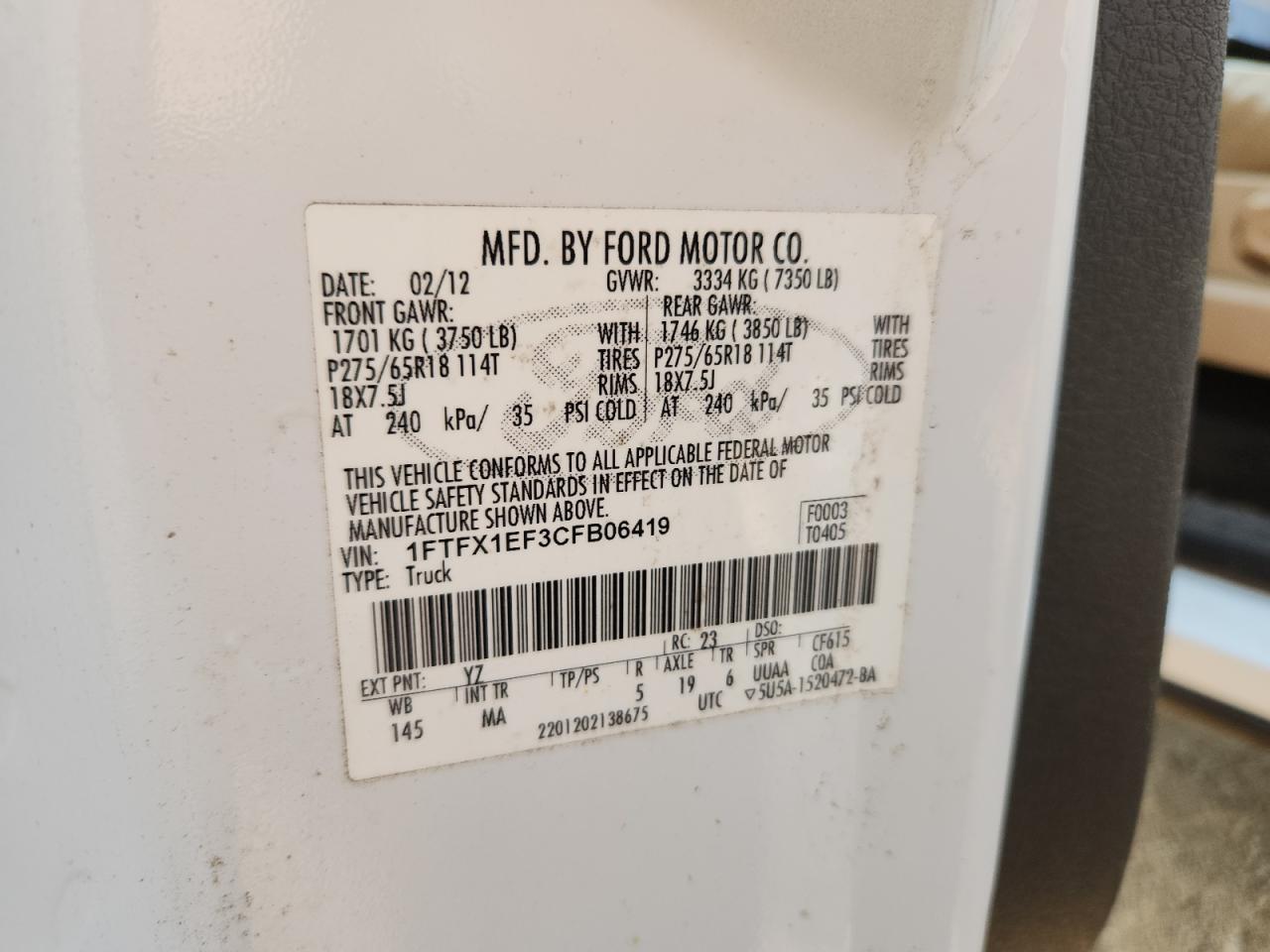 2012 Ford F150 Super Cab VIN: 1FTFX1EF3CFB06419 Lot: 71607695