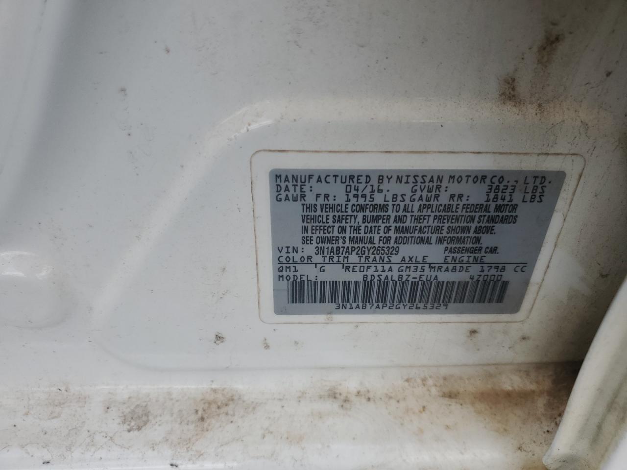 2016 Nissan Sentra S VIN: 3N1AB7AP2GY265329 Lot: 83980885