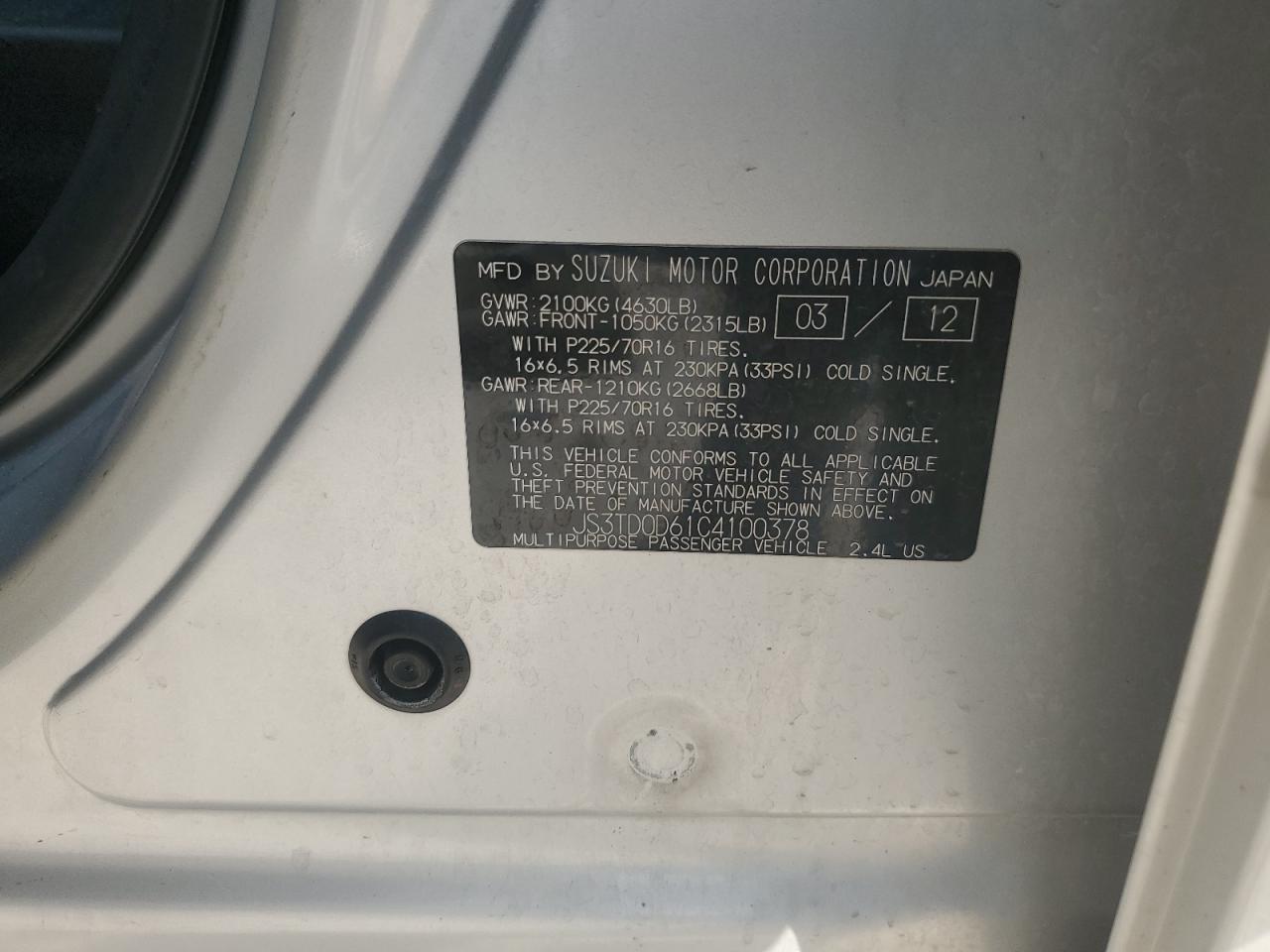 2012 Suzuki Grand Vitara Premium VIN: JS3TD0D61C4100378 Lot: 72030495