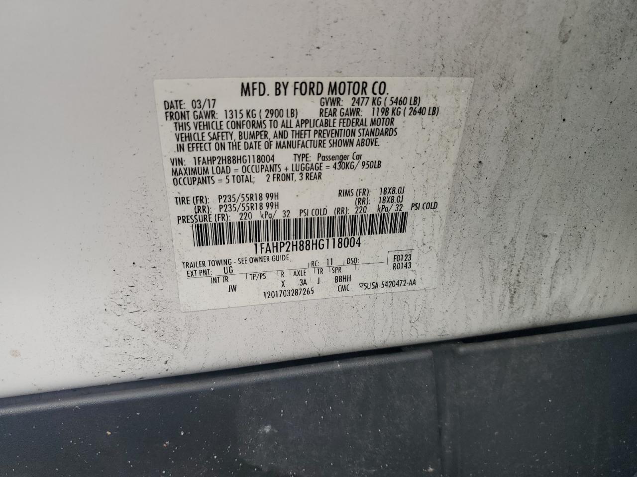 2017 Ford Taurus Sel VIN: 1FAHP2H88HG118004 Lot: 84250195