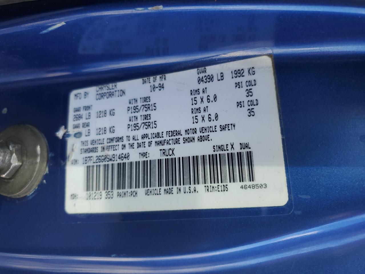 1995 Dodge Dakota VIN: 1B7FL26G0SW914640 Lot: 81824565