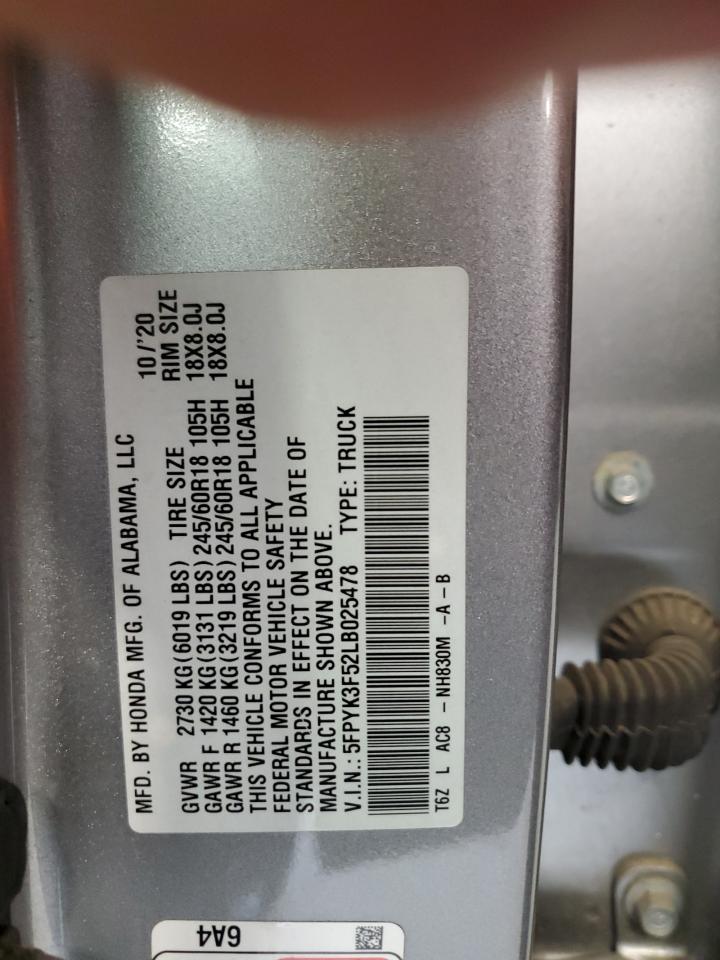 2020 Honda Ridgeline Rtl VIN: 5FPYK3F52LB025478 Lot: 80269055