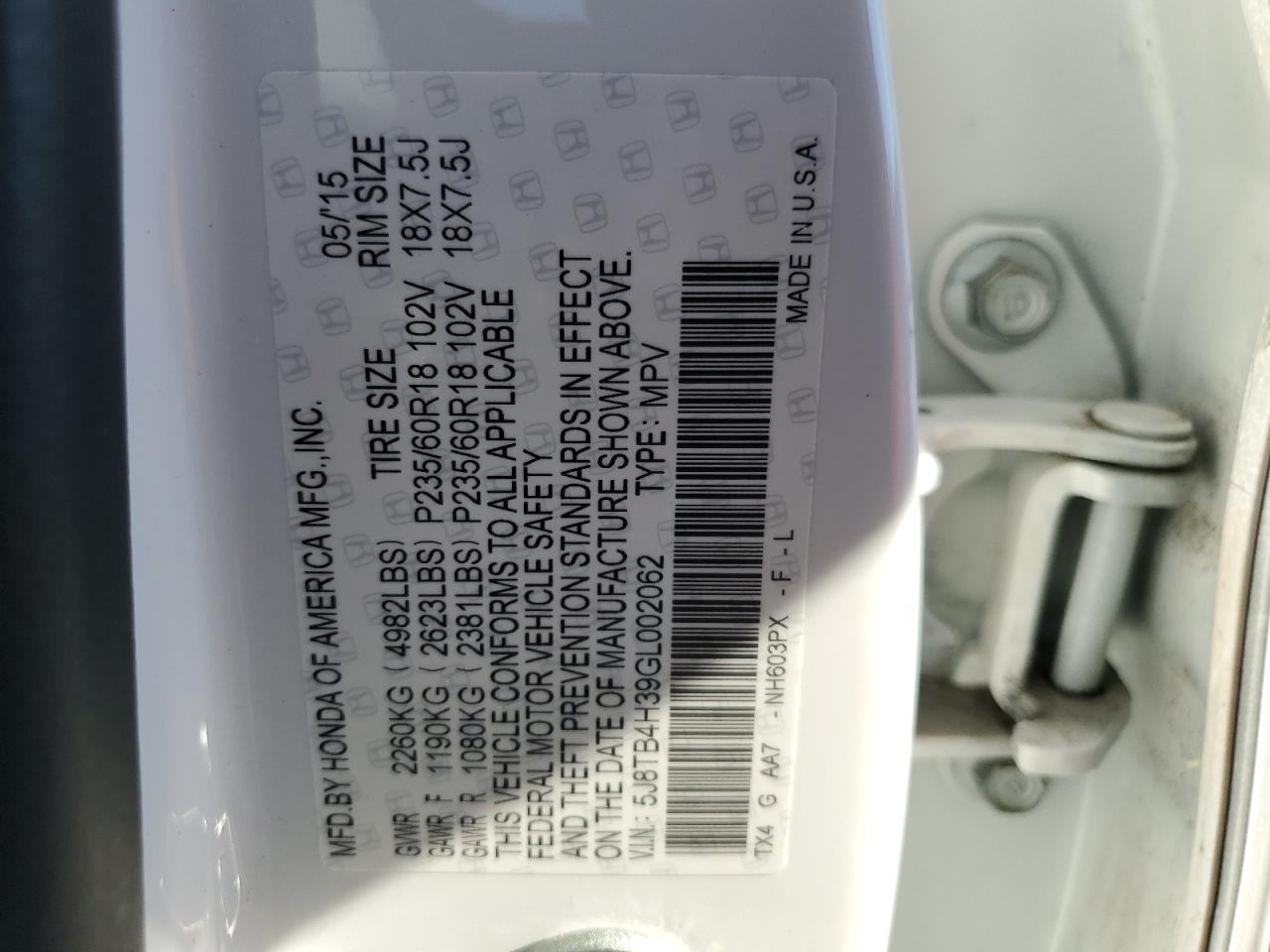 2016 Acura Rdx VIN: 5J8TB4H39GL002062 Lot: 71149905