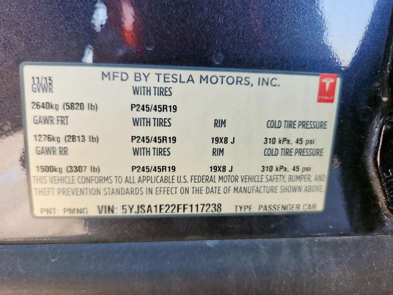 2015 Tesla Model S VIN: 5YJSA1E22FF117238 Lot: 81062885