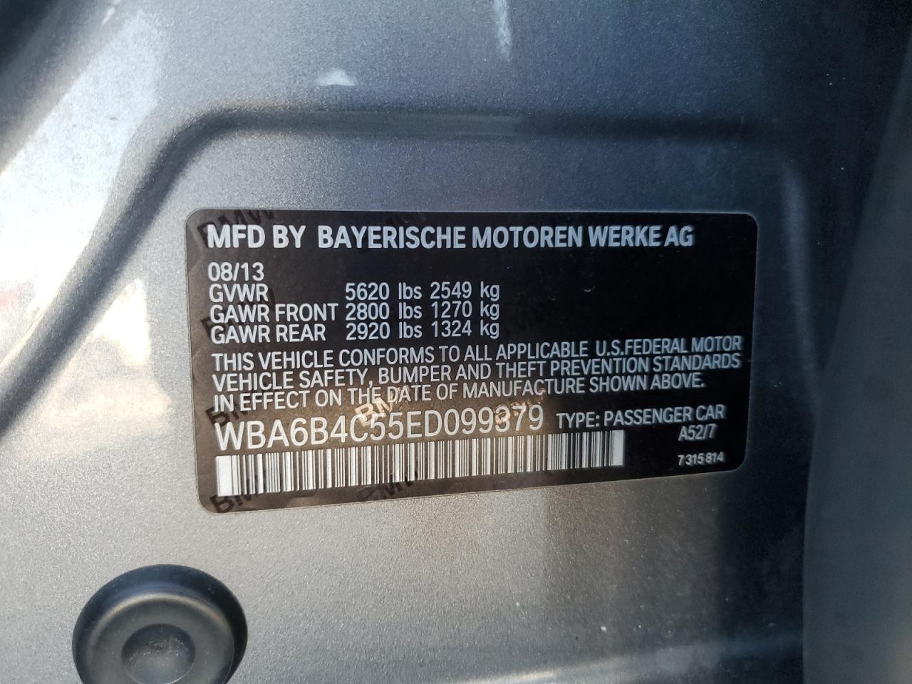 2014 BMW 650 Xi Gran Coupe VIN: WBA6B4C55ED099379 Lot: 70712355