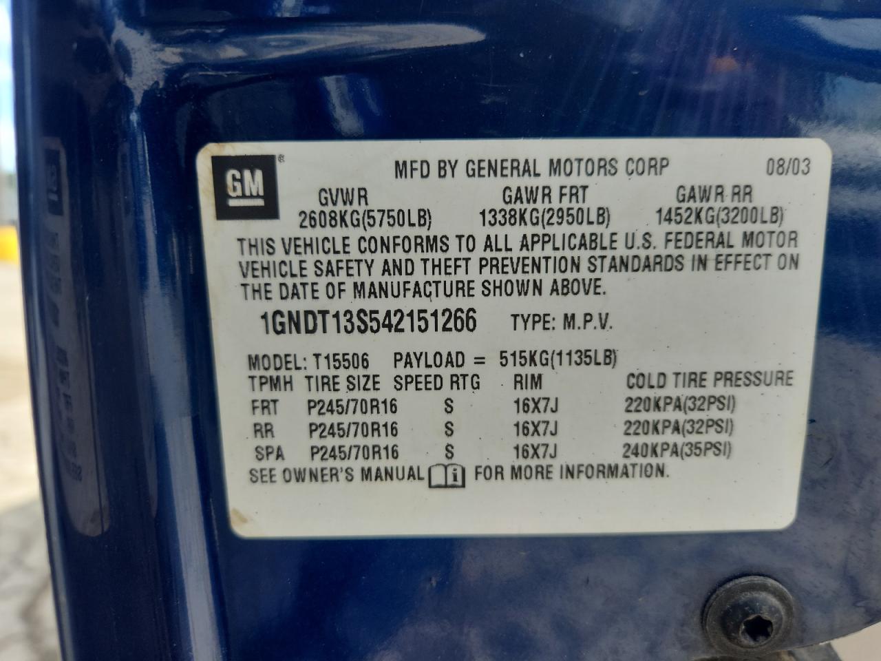 2004 Chevrolet Trailblaze VIN: 1GNDT13S542151266 Lot: 70825925