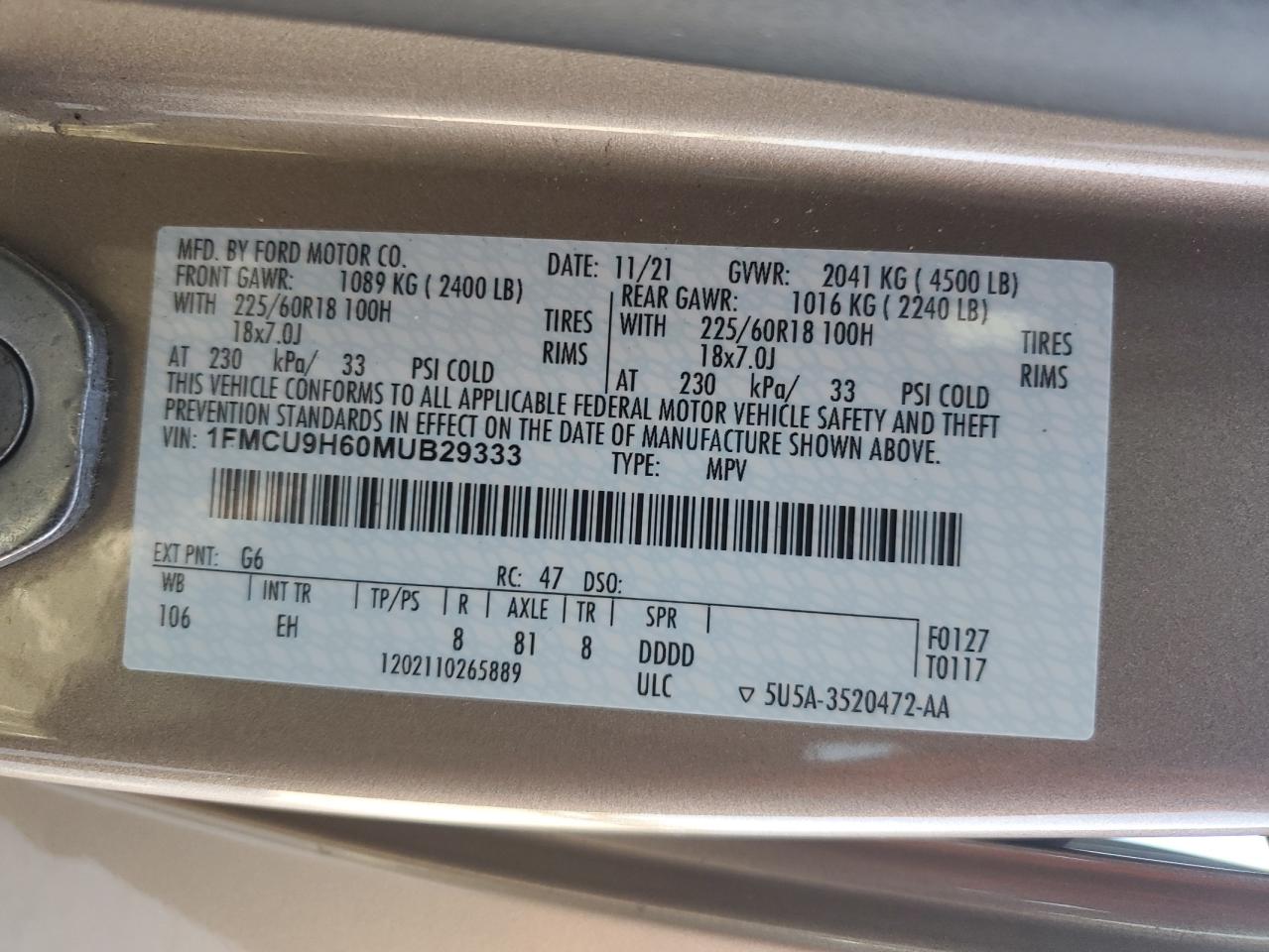 2021 Ford Escape Sel VIN: 1FMCU9H60MUB29333 Lot: 80066635