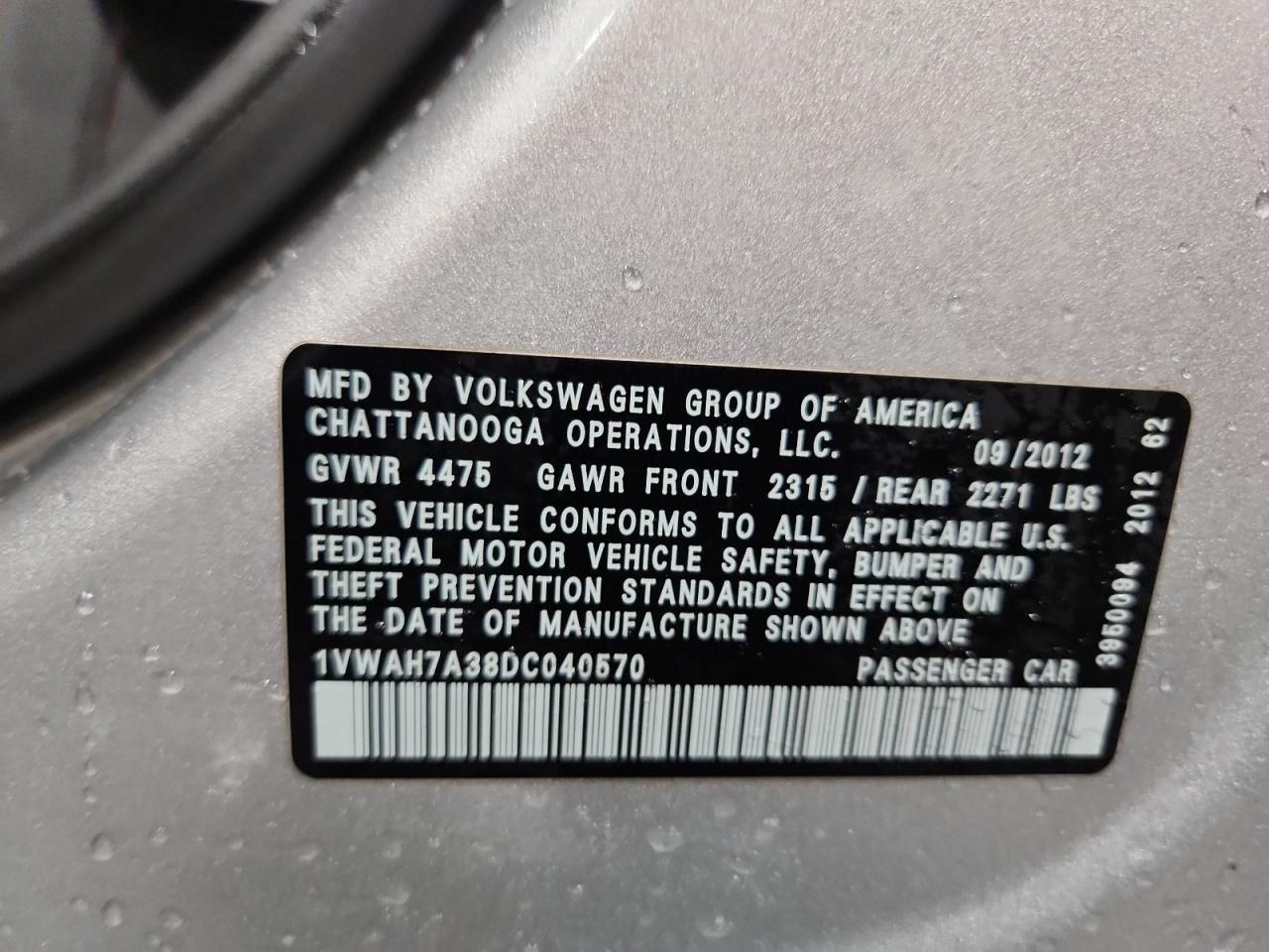 2013 Volkswagen Passat S VIN: 1VWAH7A38DC040570 Lot: 71810175