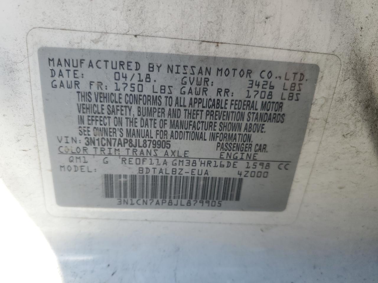 2018 Nissan Versa S VIN: 3N1CN7AP8JL879905 Lot: 82069135