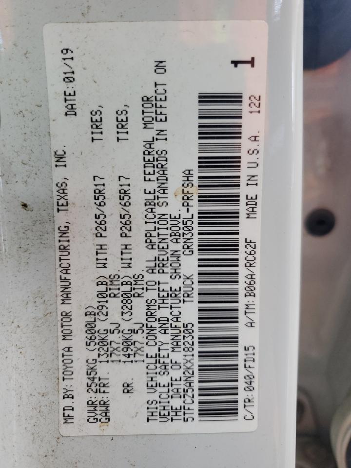 2019 Toyota Tacoma Double Cab VIN: 5TFCZ5AN2KX182305 Lot: 71986095