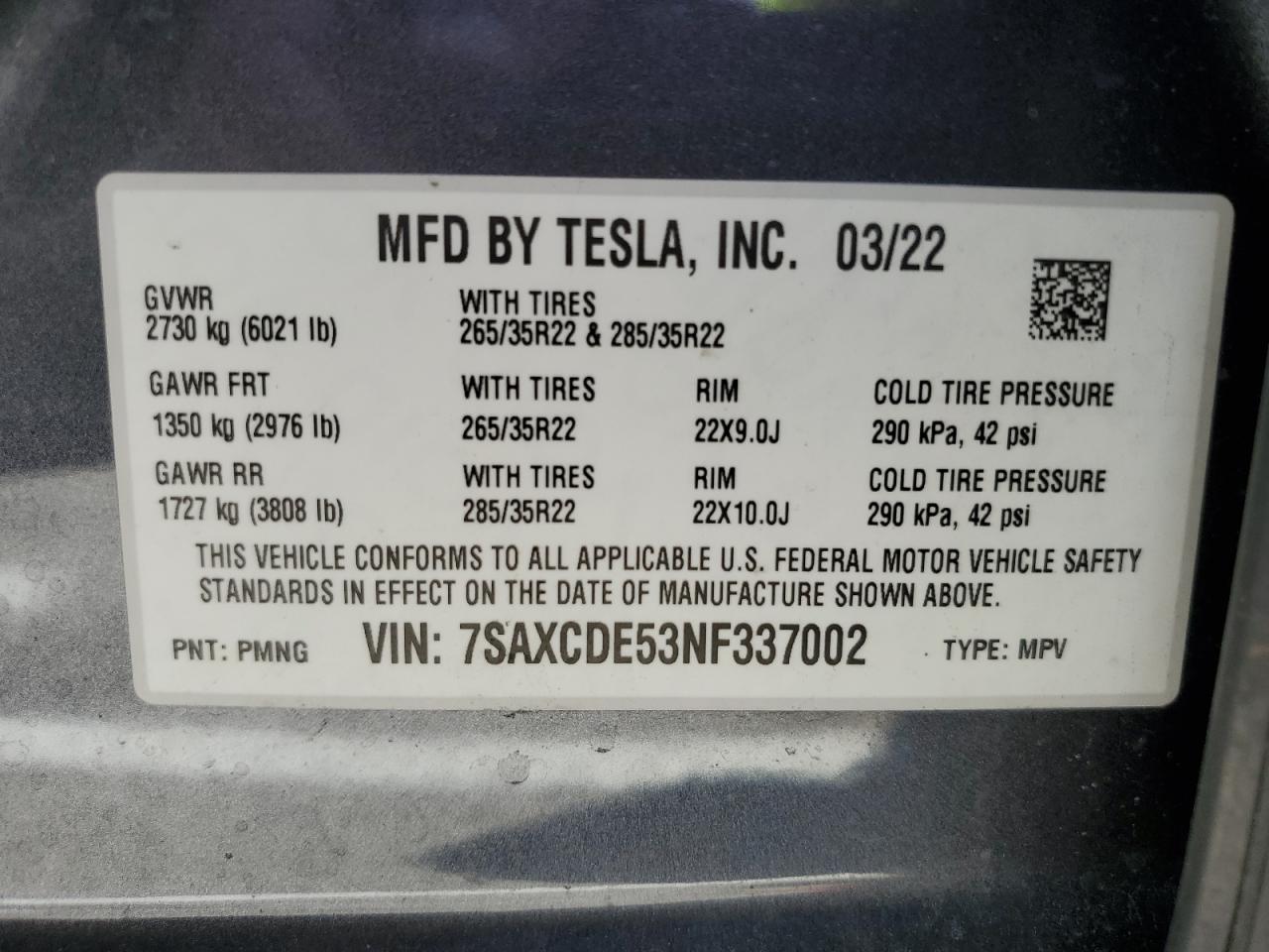 2022 Tesla Model X VIN: 7SAXCDE53NF337002 Lot: 70912525