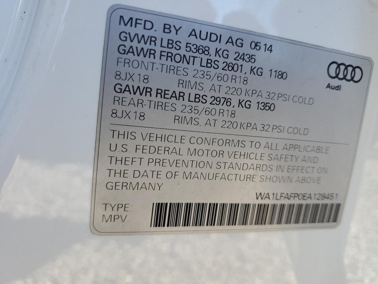 2014 Audi Q5 Premium Plus VIN: WA1LFAFP0EA128451 Lot: 70715365