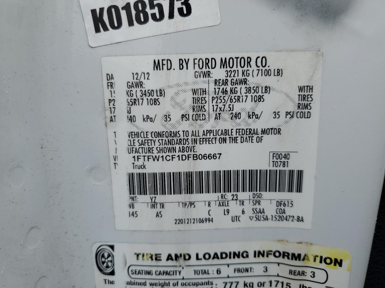 2013 Ford F150 Supercrew VIN: 1FTFW1CF1DFB06667 Lot: 80798315