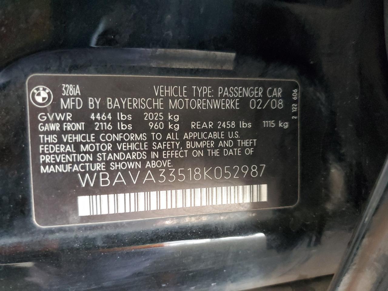 2007 BMW 328 I VIN: WBAVA33518K052987 Lot: 80387665