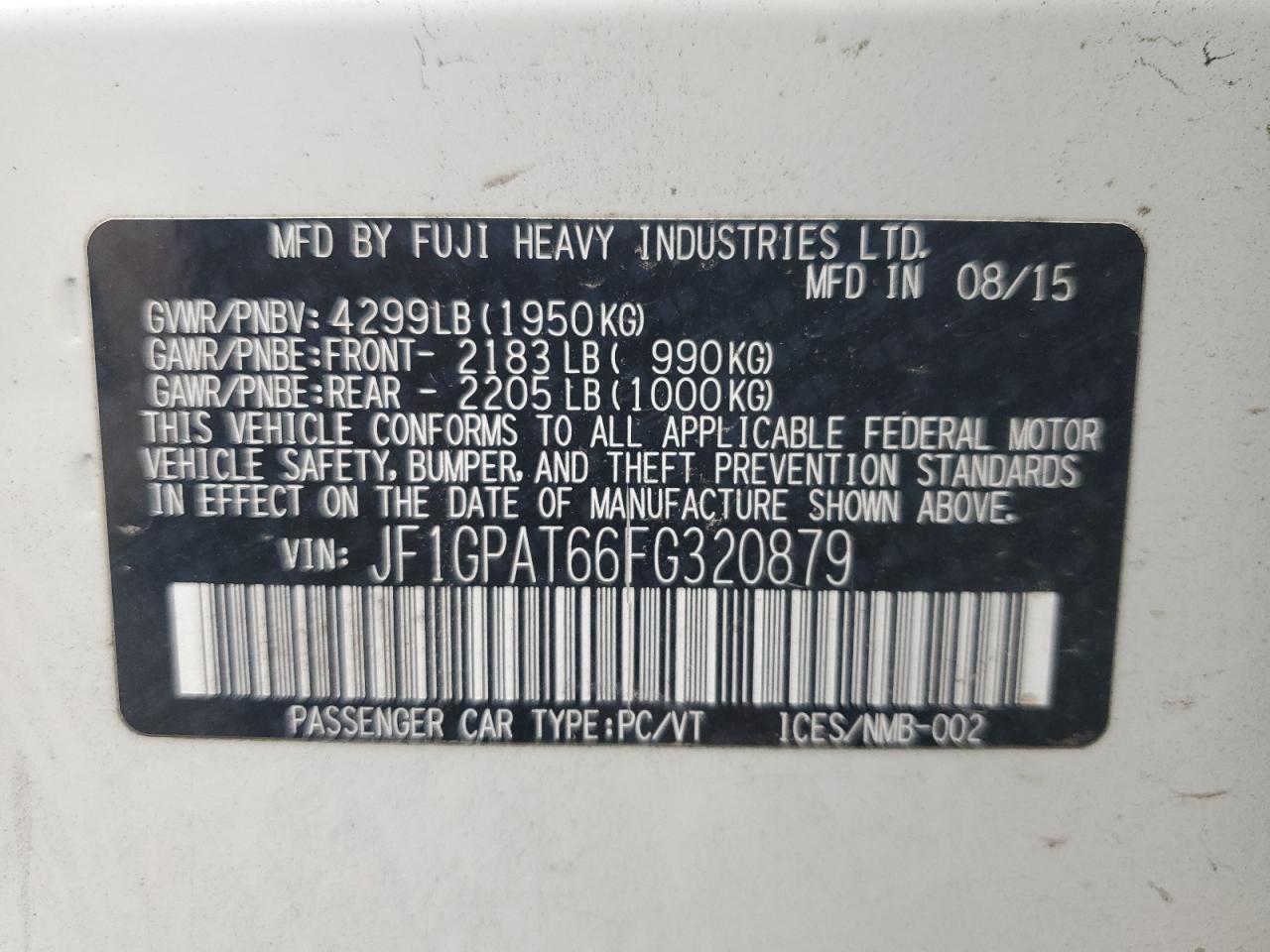2015 Subaru Impreza Sport VIN: JF1GPAT66FG320879 Lot: 80100845