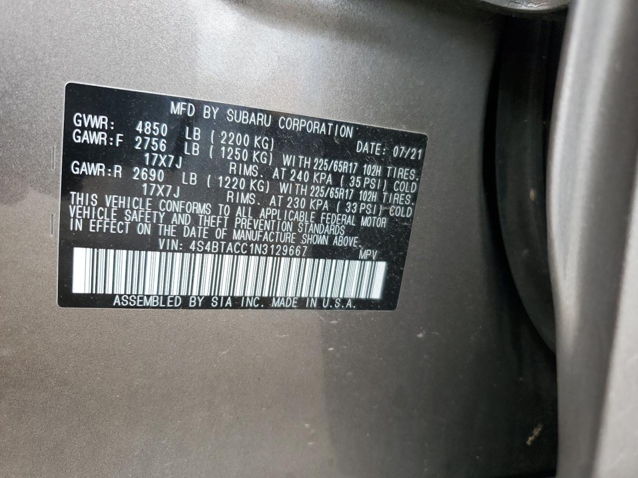 2022 Subaru Outback Premium VIN: 4S4BTACC1N3129667 Lot: 80469335