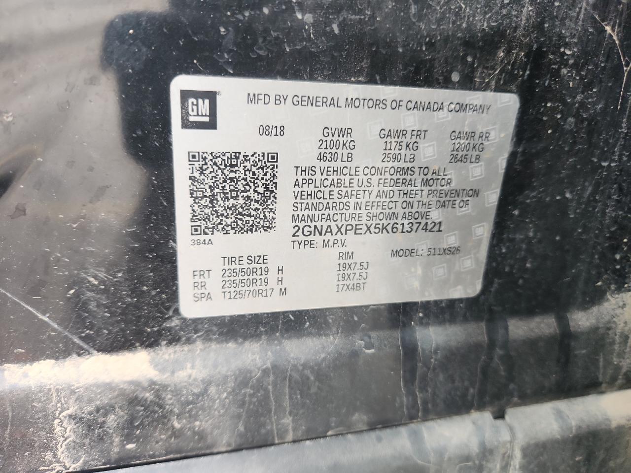 2019 Chevrolet Equinox Premier VIN: 2GNAXPEX5K6137421 Lot: 81614855